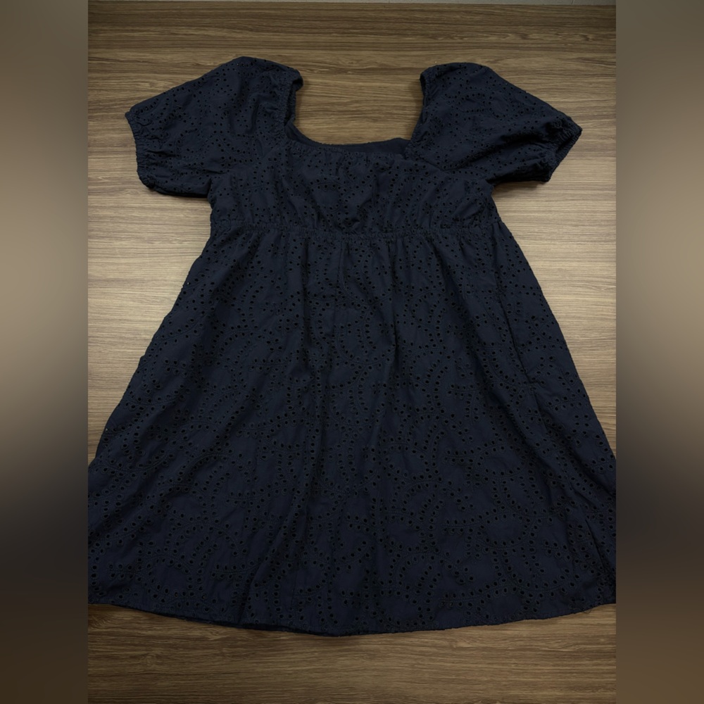 Time and Tru Women's Eyelet Dress with Puff Sleeves, Size XL Navy - Picture 8 of 11